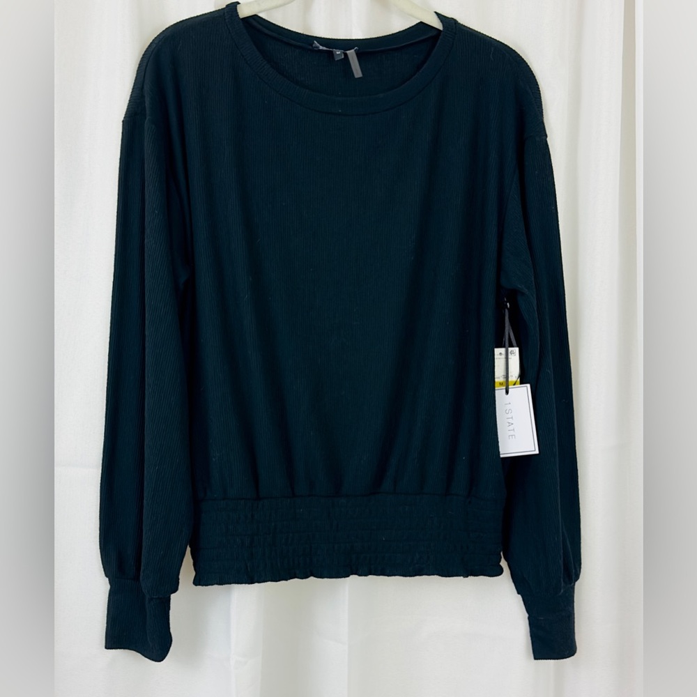 1.STATE - Black Ribbed Crew Neck Balloon Sleeve Sweater - Elastic Waist  Medium